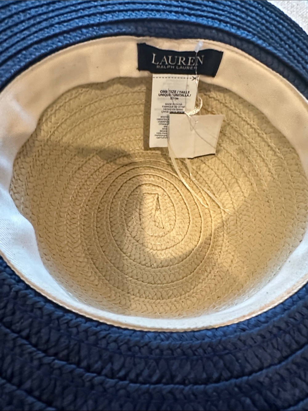 Lauren Ralph Lauren Two-Tone Straw Sun Hat in Navy & Natural with RL Monogram - Picture 4 of 7